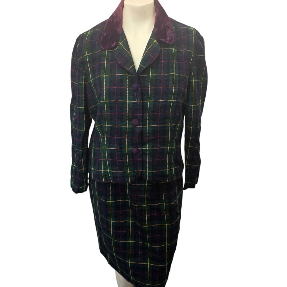 JSJ Petites Plaid Skirt Suit 14P Velvet Collar Career Holiday Tartan Set